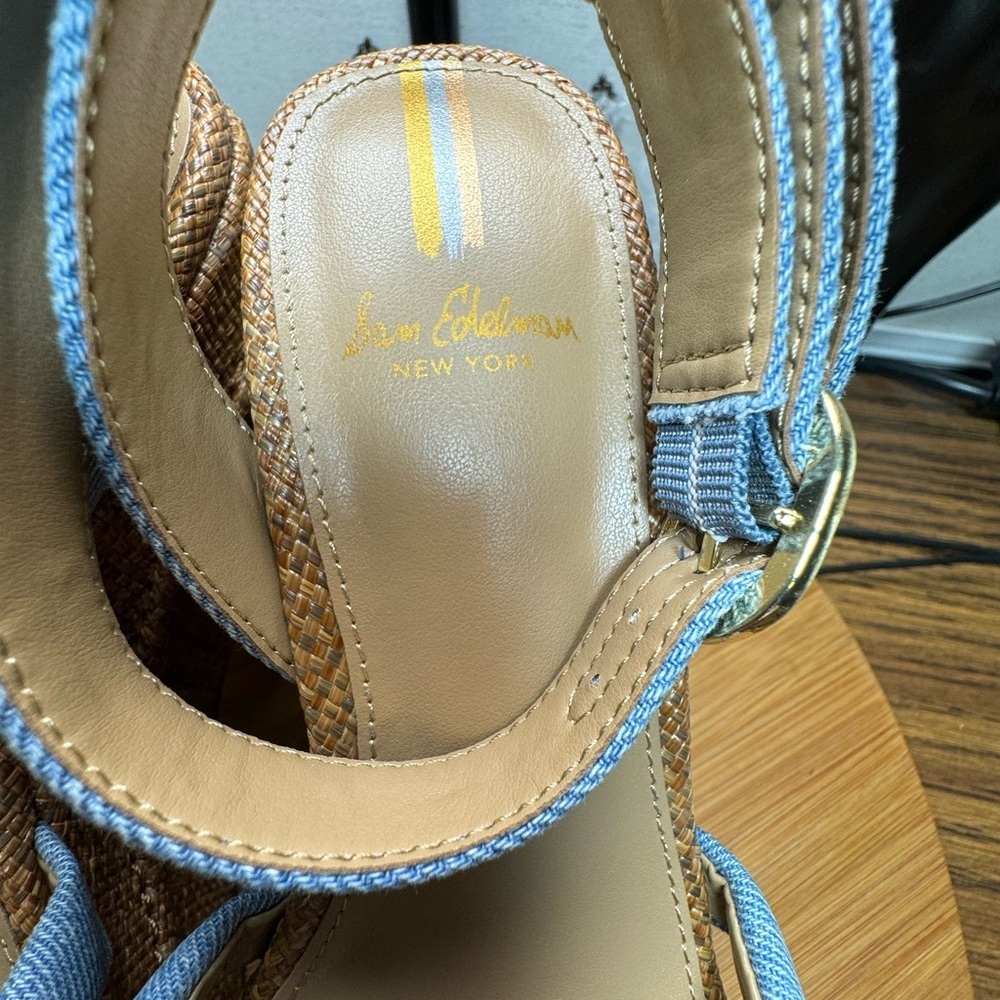 NWOT New Sam Edelman Tibby Platform Heels Size 5.5 or 6 in Blue Denim and Brown - Picture 4 of 11